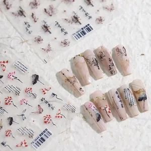 Stickers ongles 5D papillons à l'encre chinoise et fleurs TS-3643 avec calligraphie d'art
