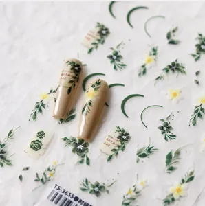 Detail of TS-3655 embossed nail stickers with green roses and vintage floral patterns