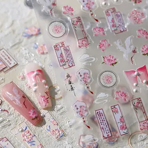 5D embossed nail art stickers with lotus, crane, and fan in traditional Chinese style