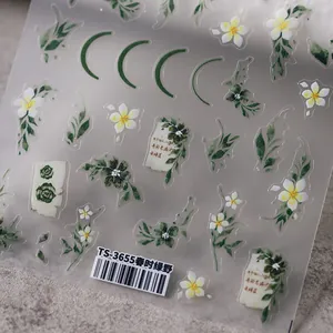 Nail Art Stickers 3D Embossed Fresh Green Leaf White Flower Pattern Ultra Thin DIY Manicure Decor For Women TS-3655
