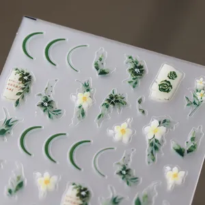 Stereo embossed green floral nail art decals with flower and crescent patterns