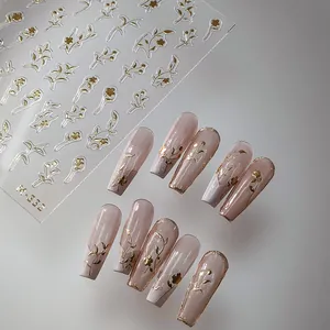 Embossed Gold Flower Nail Art Stickers French Elegant 5D Relief Bronzing Floral Leaf Nail Decals For Wedding Party Women Manicure Decor