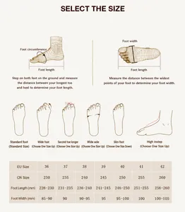 Women's footwear size guide showing EU sizes, foot length and width measurements in mm