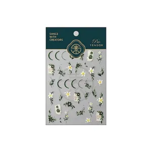 Embossed green leaf and white flower nail art stickers with TS-3655 model card