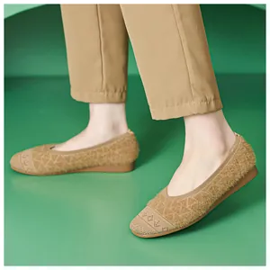 Detail of plush camel flat shoes featuring fine knit texture and comfy rubber soles