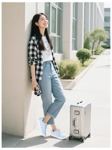 Lightweight non-slip sneakers styled with light blue jeans and a vintage silver suitcase