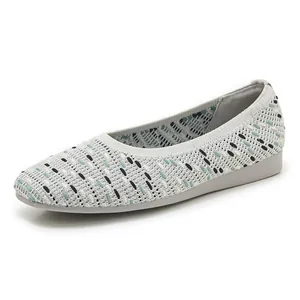 Close-up of women's grey knitted flat shoes featuring intricate woven texture and pattern