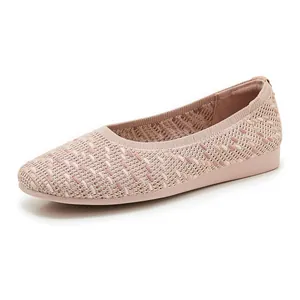 Close-up of pink knit ballet flats showing breathable woven texture and comfort design