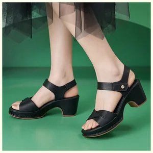 Detail of black block heel sandals featuring cross straps and adjustable ankle buckle