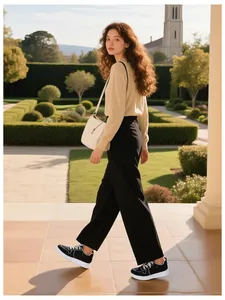 Close-up of black and white platform sneakers with wide leg trousers in a street setting