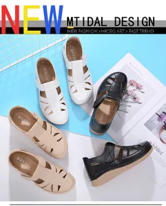 Detailed view of hollow out wedge sandals with velcro straps in multiple colors