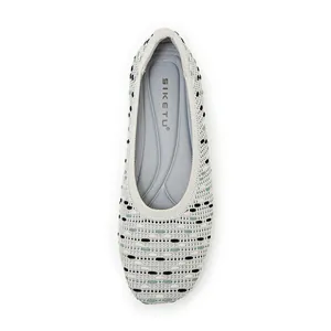 Detailed top view of light grey knitted pointed toe flat shoe with breathable woven texture