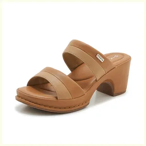 Side view of comfortable brown block heel sandals featuring a metal logo and SIKETU insole