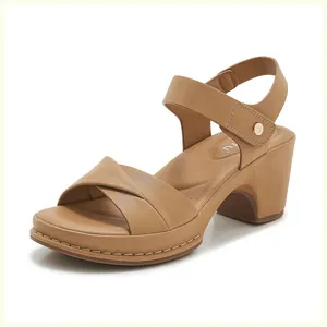 Detail of tan wedge sandals featuring crisscross straps and adjustable heel strap