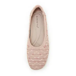 Top view of pink knit flat shoes with geometric texture and breathable mesh surface