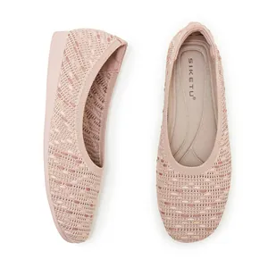 Top view of pink knit ballet flats showing breathable fabric texture and comfortable sole