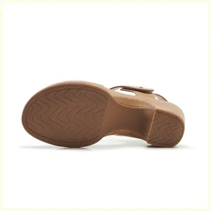 Detailed view of brown rubber sole with wavy anti-slip texture and chunky heel