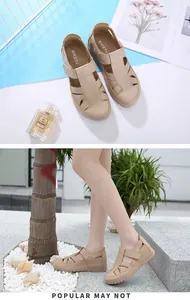 Detail of beige hollow-out wedge sandals with velcro strap and comfortable soft sole