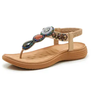 Bohemian Women T-Strap Wedge Sandals Rhinestone Bead Decor Elastic Back Strap Summer Casual Beach Walking Sandals
