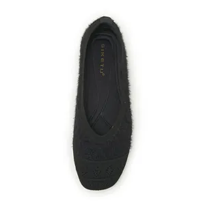 Top view of women black knit ballet flats featuring breathable diamond mesh pattern