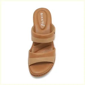 Close-up of SIKETU wedge sandals showing brown contrast stitching and ergonomic cushioned insole