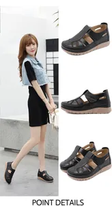 Detail view of black cut-out wedge sandals with velcro straps and beige platform soles