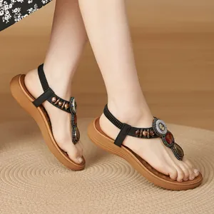 Bohemian flat sandals for women featuring colorful beads and marble stone decorations