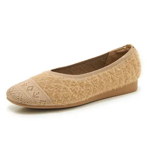Women's Knit Plush Loafers Fall Winter Warm Slip On Round Toe Casual Flats For Daily Walking Office Comfy Soft Shoes