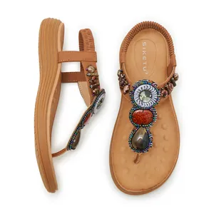 Bohemian women sandals with wooden beads and gemstones, lightweight comfort style