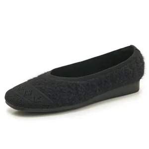 Women's black flat knit shoes with plush texture and geometric pattern for daily wear