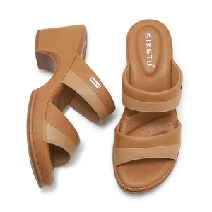 Comfortable brown block heel sandals with stylish color-block straps and soft insoles