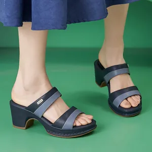 Women's color block chunky heel sandals in blue featuring a comfortable thick platform