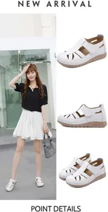 Detail of white hollowed-out wedge shoes with velcro strap and non-slip sole