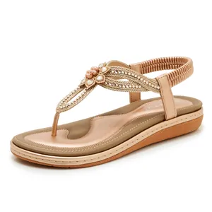 Bohemian Rhinestone Flower Flip Flops For Women T-Strap Flat Sandals With Elastic Back Strap Summer Beach Casual Shoes