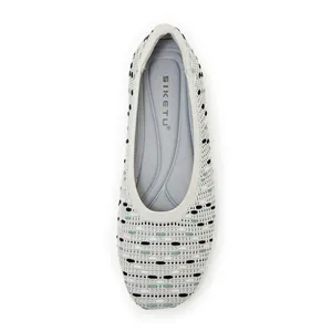 Women minimalist knit flat ballet shoes with grey and green geometric pattern