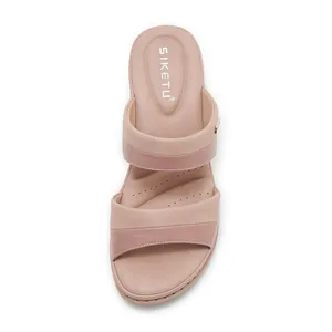 Pink double-strap block heel sandals for women with cushioned arch support and metal trim