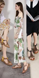 Detail showing bohemian flat sandals with beaded T-straps and elastic heel bands
