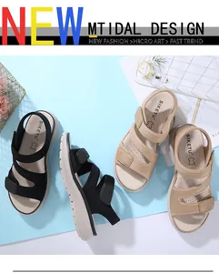 Detail view of leather platform sandals with adjustable velcro straps in black and beige colors