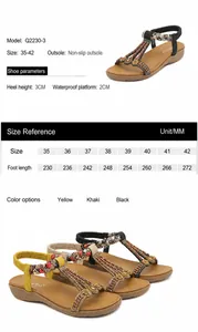 Detailed size chart and technical specs for women beaded wedge sandals with elastic strap