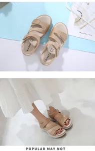 Detail of beige leather wedge sandals with triple velcro straps and soft massage insoles