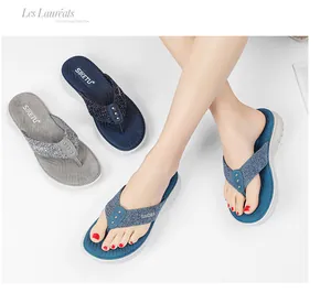 Detail of woven flip flop straps with metal studs and textured wedge footbeds in various colors