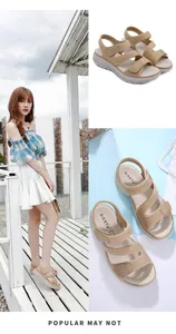Detail view of khaki leather platform sandals with adjustable Velcro straps and arched soles