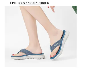 Detailed view of blue flip-flop strap with SHOES text and non-slip grainy footbed