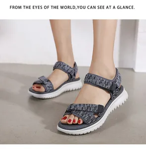 Detail of grey woven sports sandals featuring adjustable straps and white platform soles