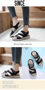 Detailed view of women's black platform sandals featuring triple hook-and-loop straps