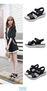 Detailed views of black leather platform sandals with adjustable velcro straps for women