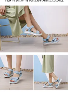 Detailed macro view of woven purple and blue straps on women's platform sports sandals