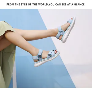 Detailed view of lightweight blue wedge sports sandals with adjustable Velcro straps for women