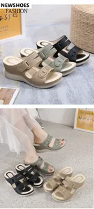 Detailansicht modischer Keilsandaletten in Khaki, Schwarz und Grün mit floralem Lochmuster