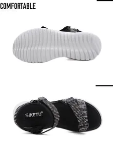 Detail of wedge sandals showing anti-slip wavy rubber sole and comfortable fabric straps
